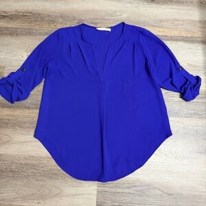 Lush Royal Blue Split V-Neck Roll-Tab Blouse